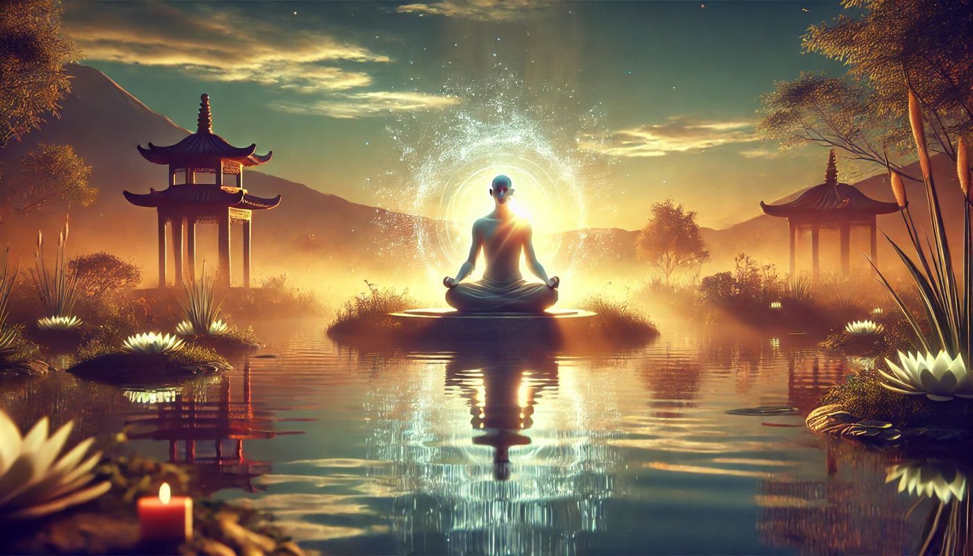 A person is sitting in a lotus position in the middle of a pond.
