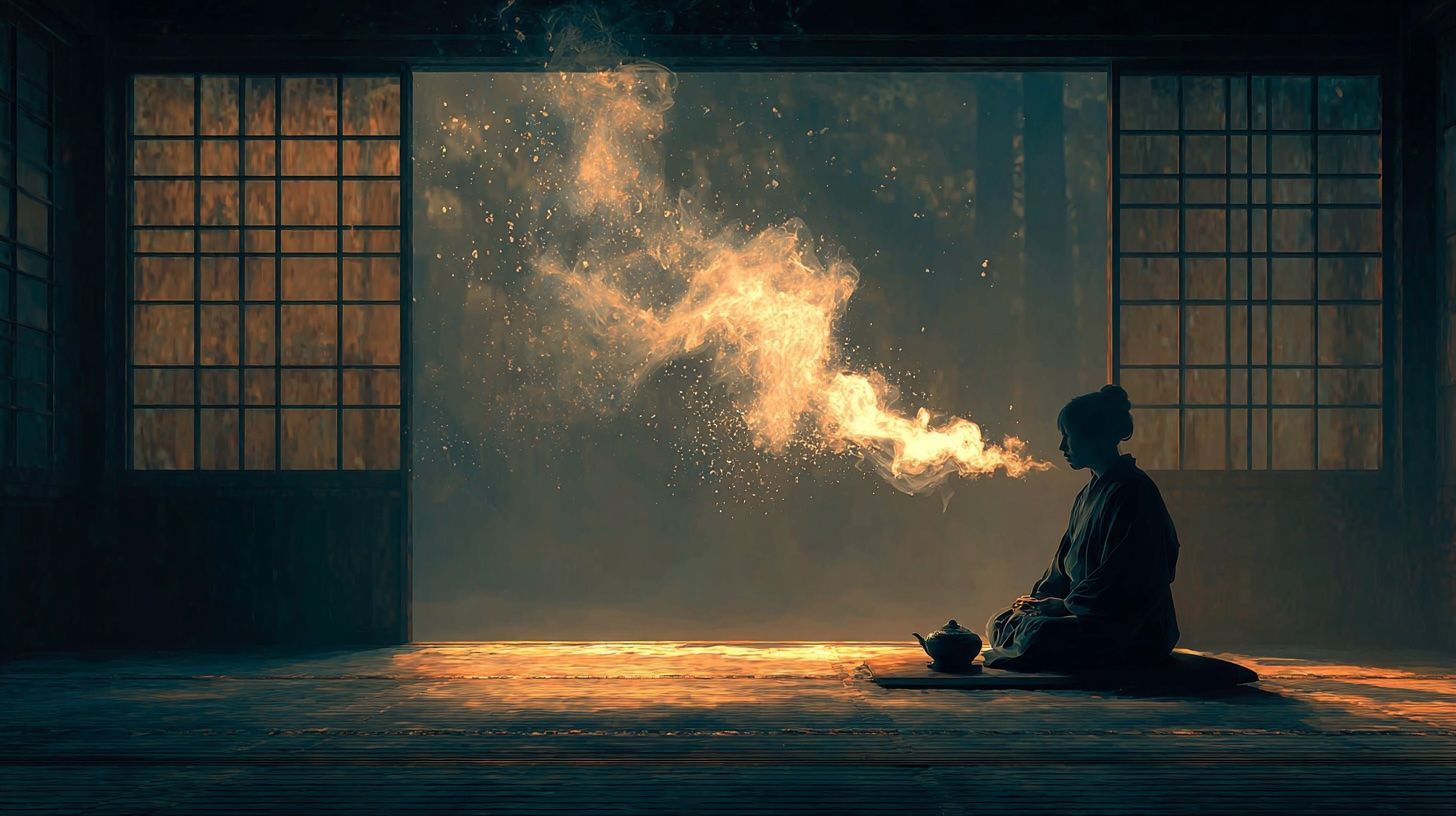 Person in traditional garb meditates in room, exhaling golden, cloud-like substance. Dimly lit with paper screen doors.