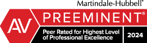 Martindale-Hubbell AV Preeminent 2024 badge, red and black, “Peer Rated for Highest Level of Professional Excellence”