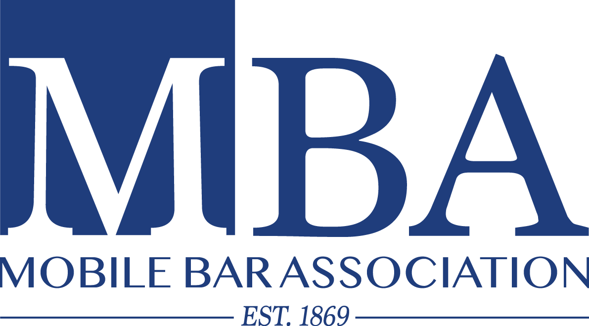 MBA Mobile Bar Association logo in blue with EST. 1869
