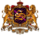 A gold and purple coat of arms featuring two lions flanking a letter