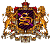A gold and purple coat of arms featuring two lions flanking a letter 