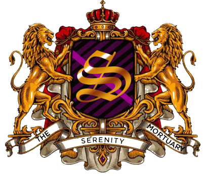A gold and purple coat of arms featuring two lions flanking a letter 