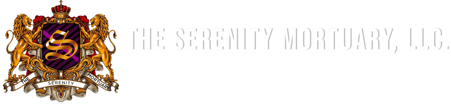 Logo for The Serenity Mortuary, LLC featuring a golden coat of arms with two lions flanking a purple shield.