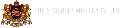 Logo for The Serenity Mortuary, LLC featuring a golden coat of arms with two lions flanking a purple shield.