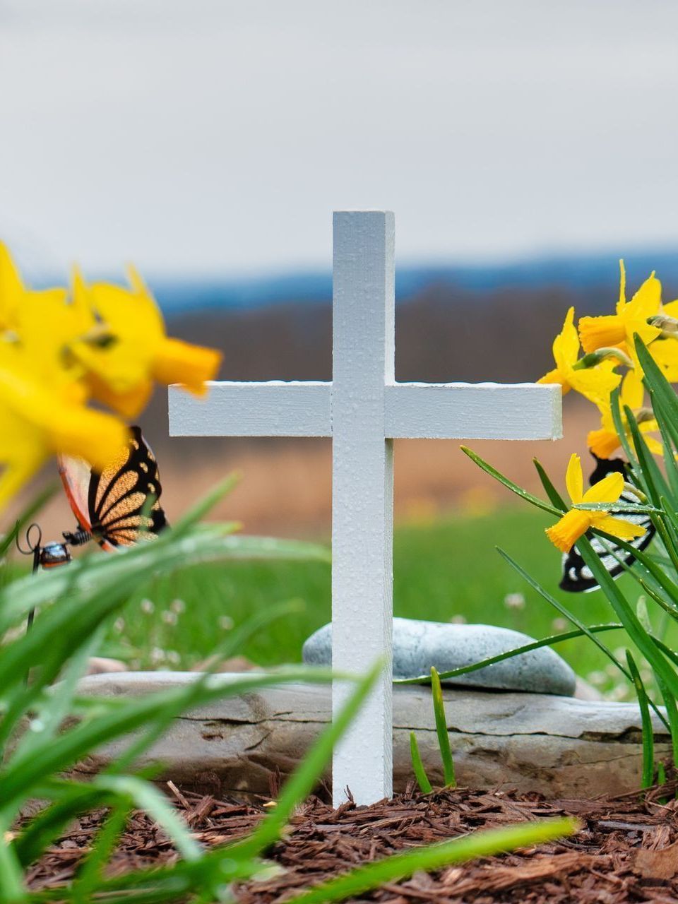A white cross is surrounded by yellow flowers and butterflies