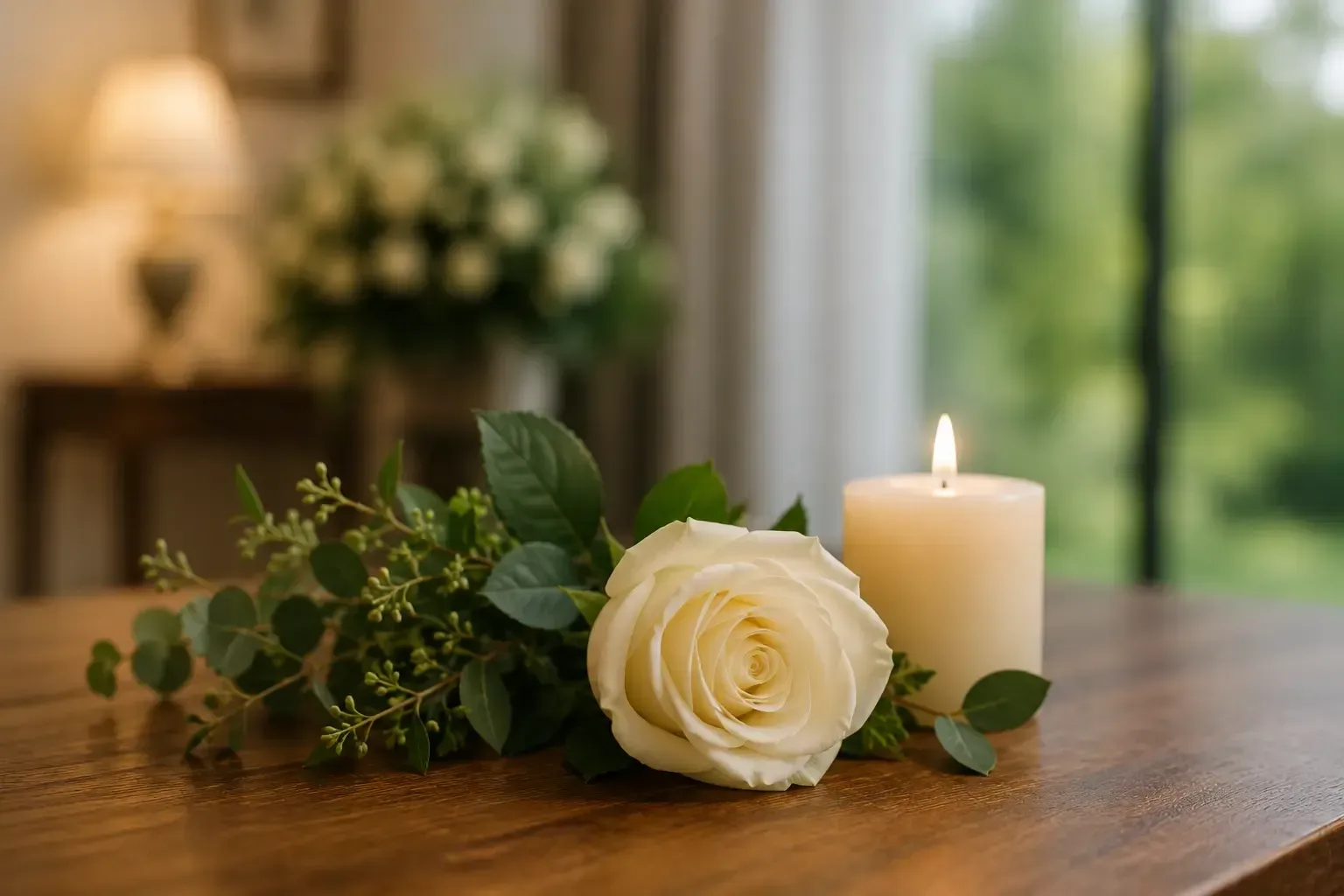 White rose bouquet and lit candle on a wooden table in a softly lit room