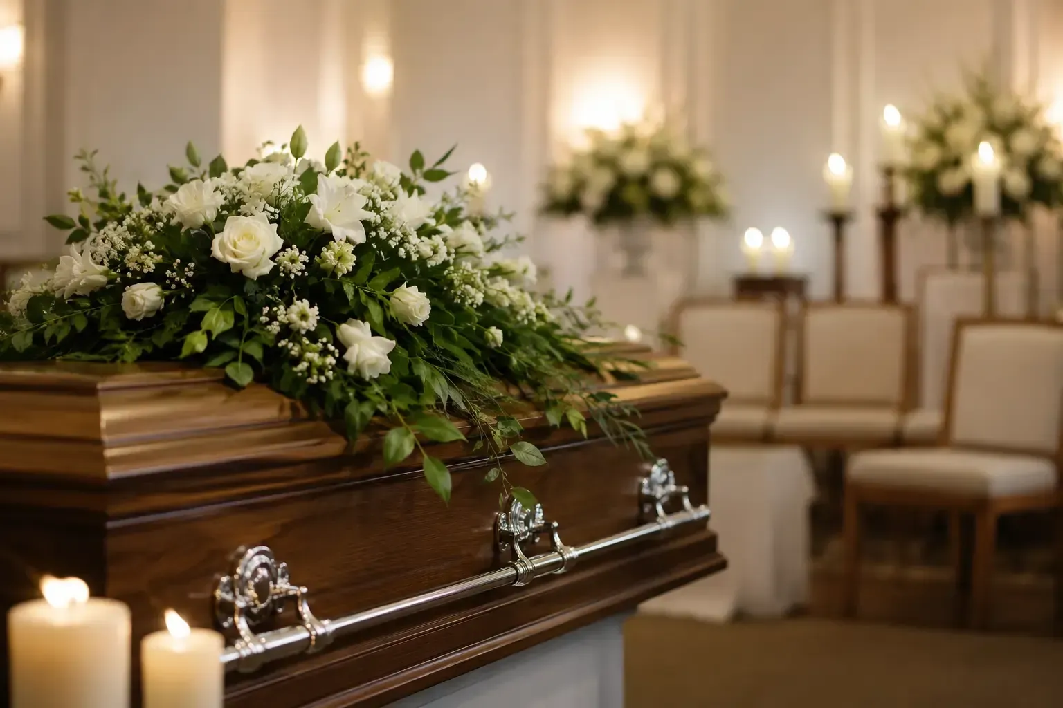 White floral funeral arrangement on a polished casket in a softly lit chapel