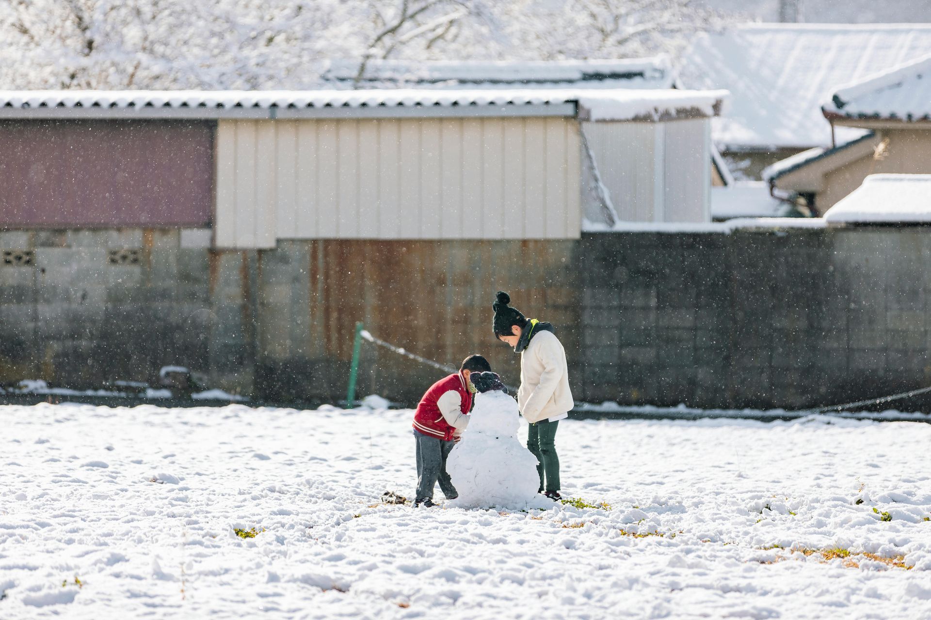Two people building a snowman in a snowy field, with a fence and buildings in the background.
