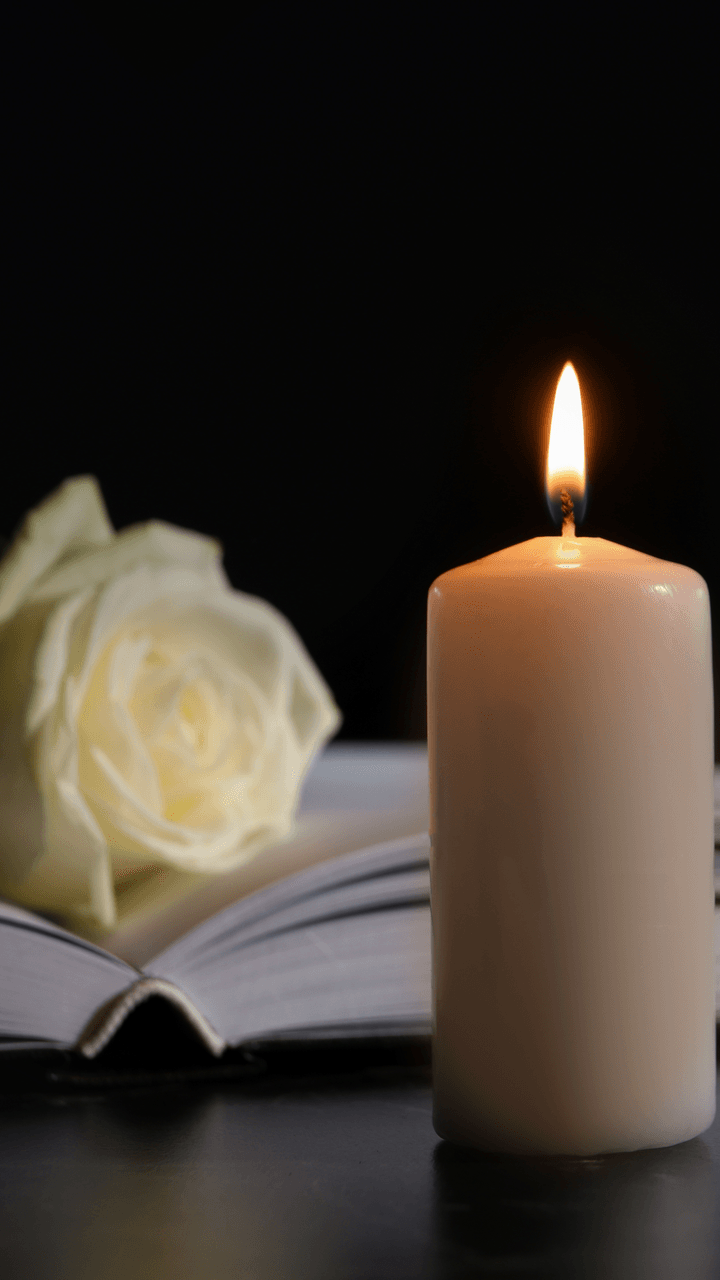 A candle is lit next to an open book and a white rose.