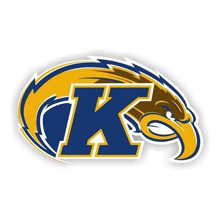 A blue and yellow logo with an eagle and the letter k.
