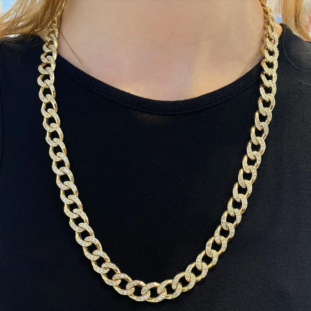 A woman wearing a gold chain around her neck