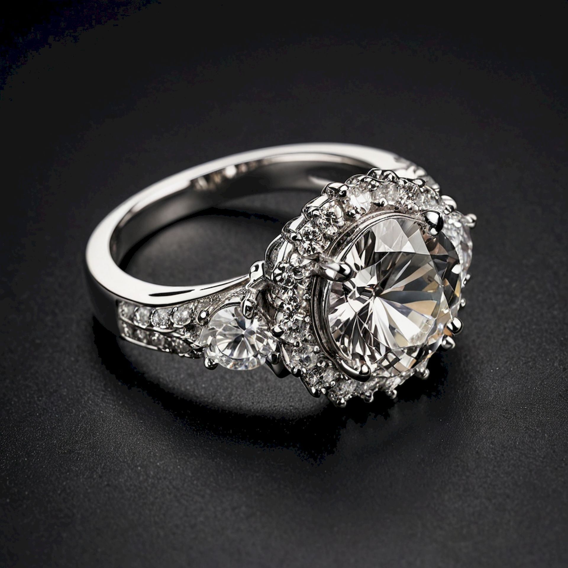 A silver ring with a large diamond in the center