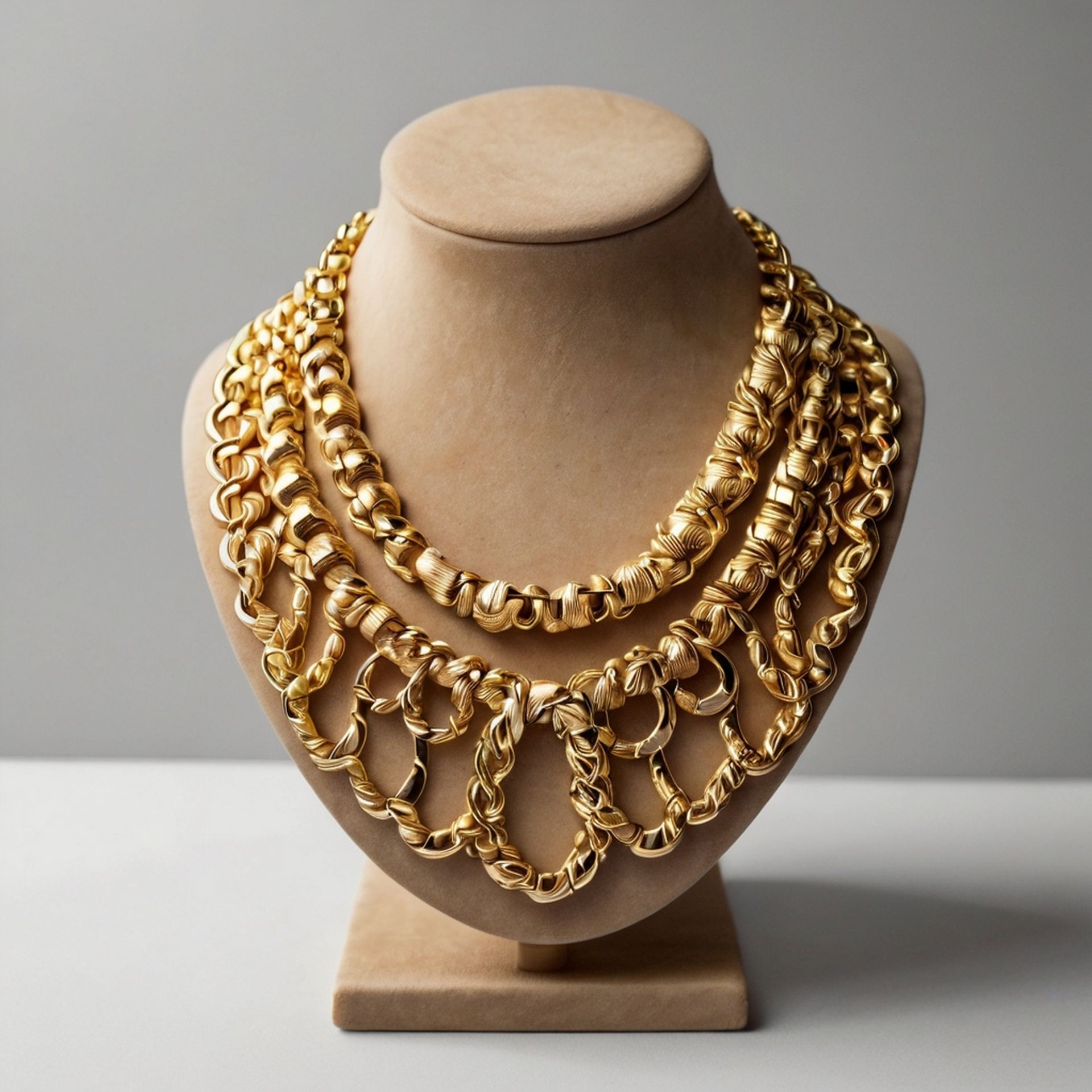 Gold layered necklace displayed on a beige jewelry bust against a gray background