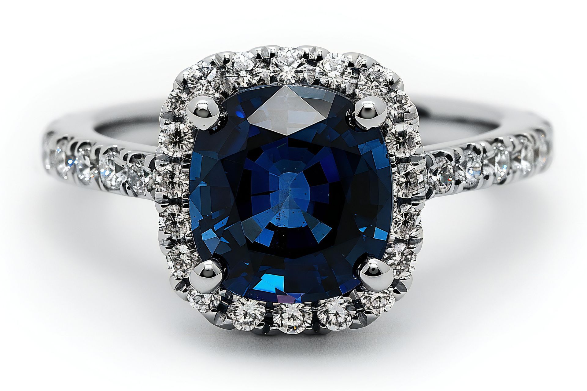 A ring with a sapphire and diamonds on a white background