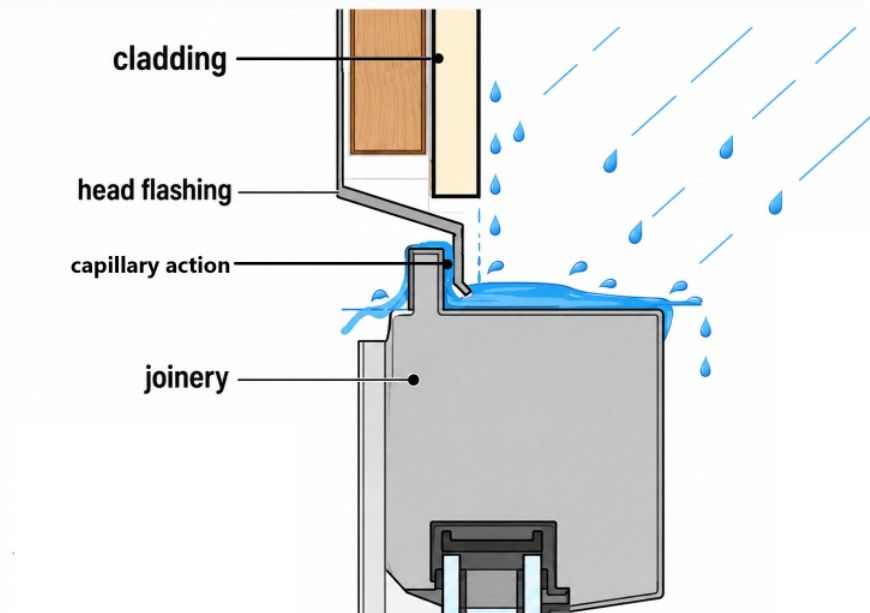diagram showing the water path — pond on the joinery head, capillary climb through the slot, drip point inside