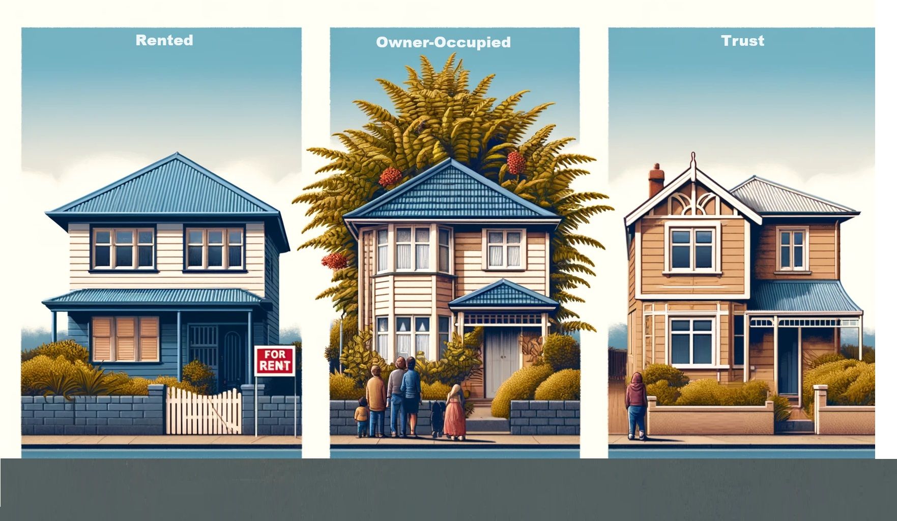 Illustration showing three types of New Zealand-style houses s