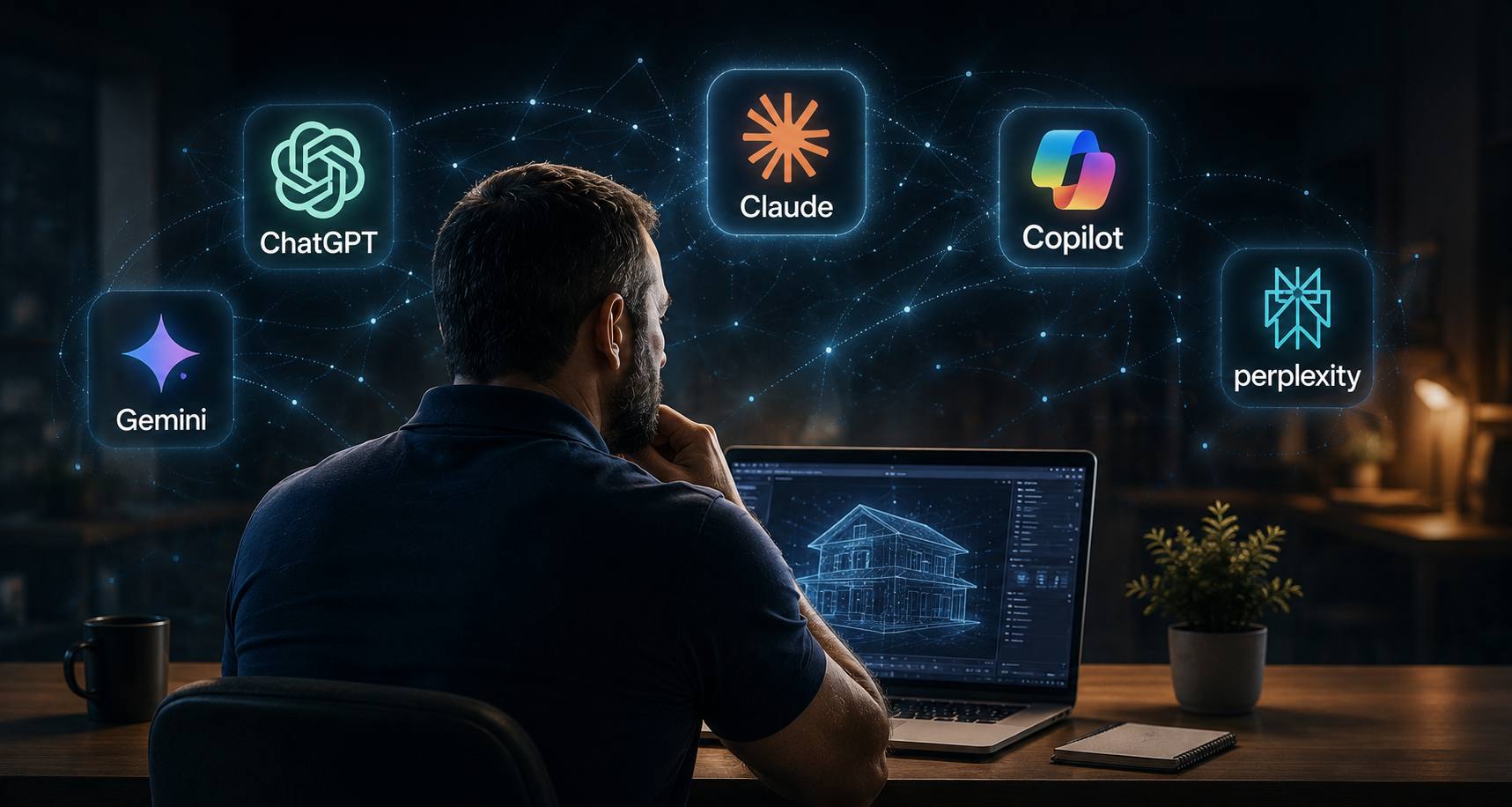 Man sitting at computer using AI
