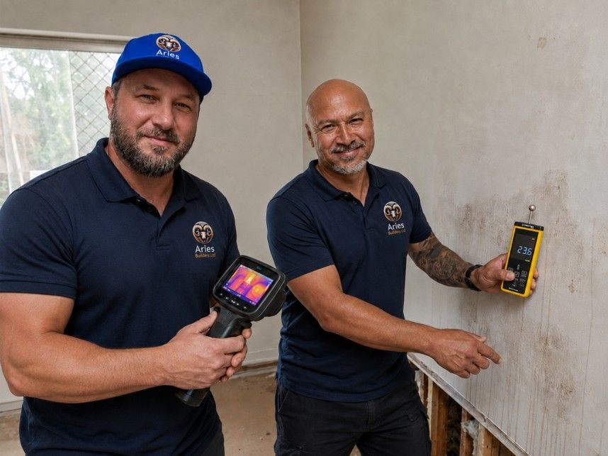 Lionel and Geoff Budge holding Moisture metre and infrared camera finding dampness