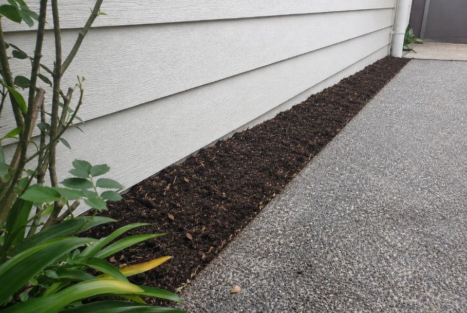 Garden mulch built up against the bottom edge of weatherboard cladding with no ground clearance