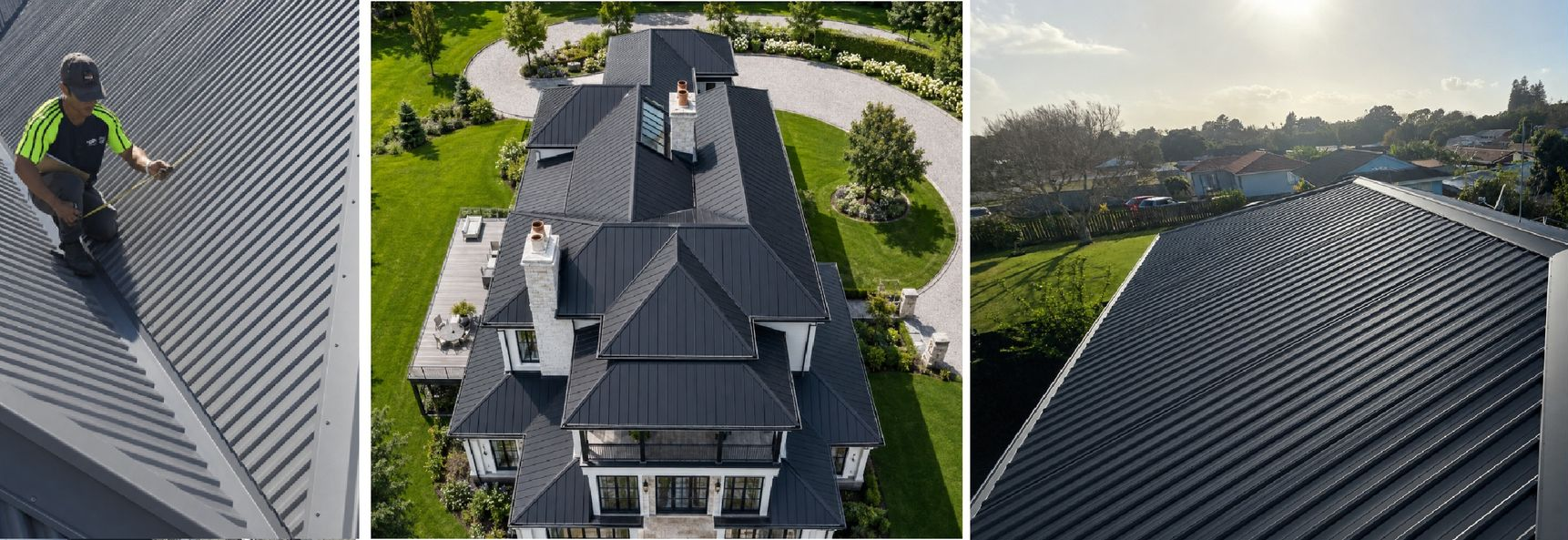 Split image showing aerial views of a house with a dark roof