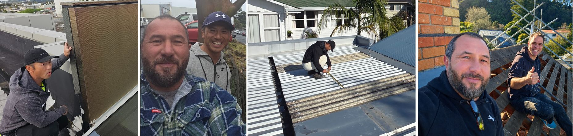 Split image of two men and a man working on a metal roof