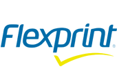 O logotipo da flexprint é azul e amarelo com uma seta amarela.