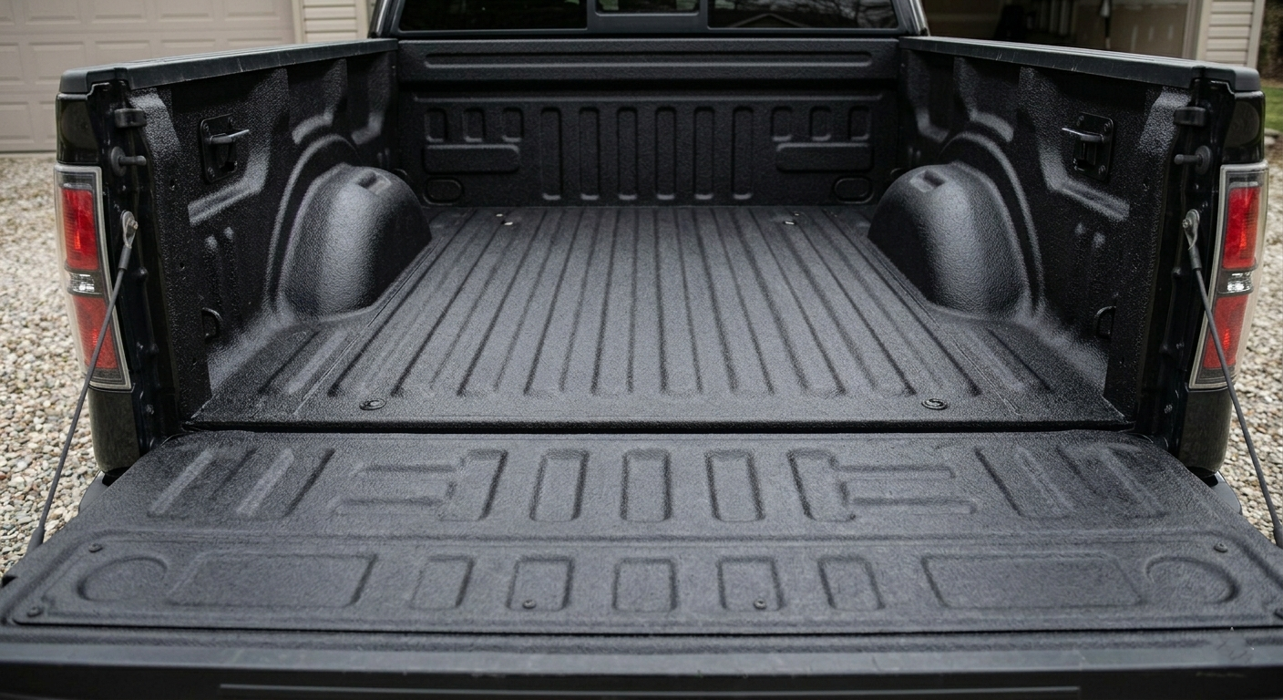 Open black pickup truck bed with textured liner and tailgate lowered.