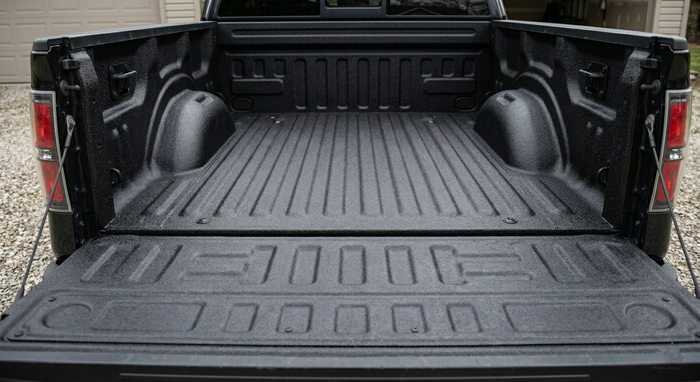 Open pickup truck bed with black spray-on liner and tailgate down.