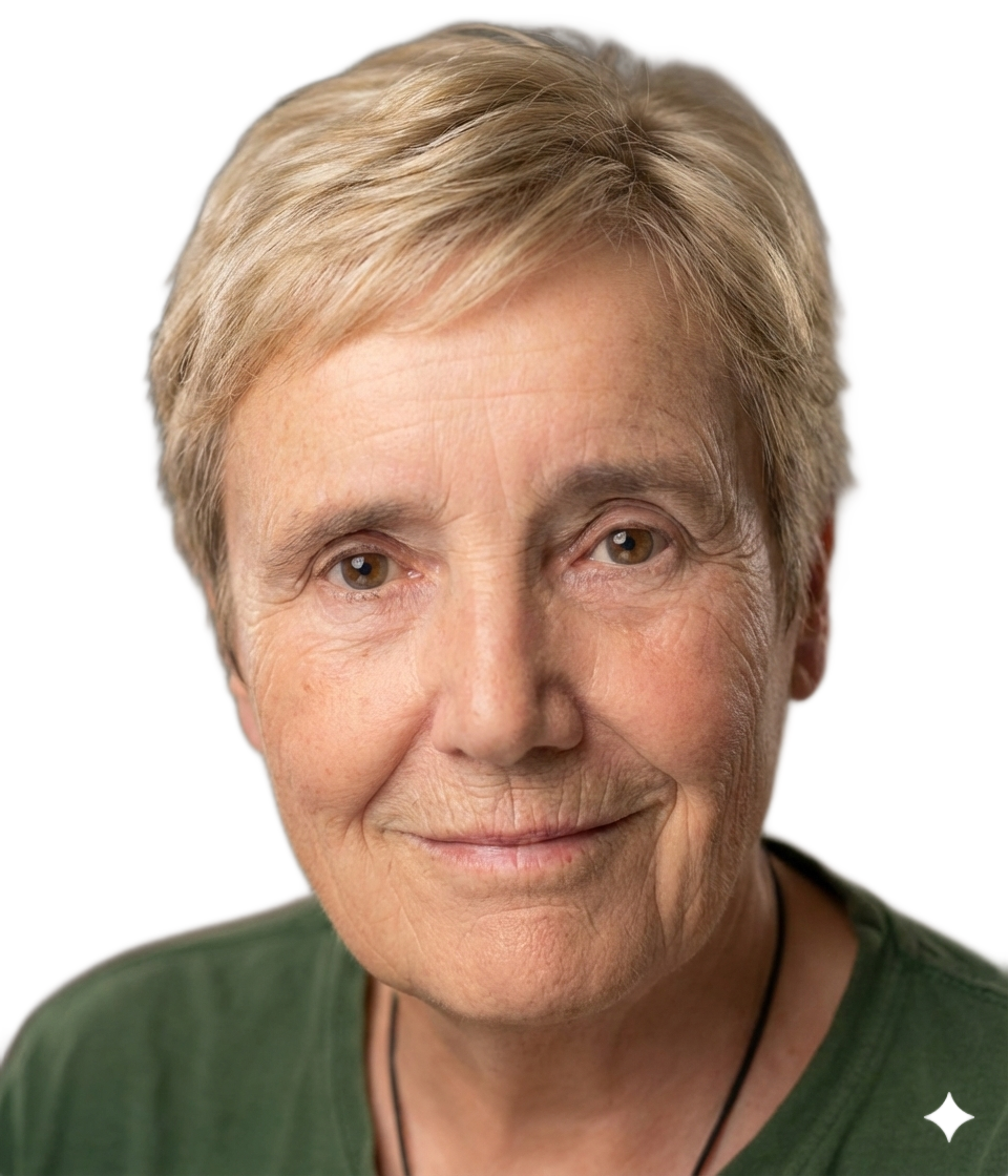 Woman with short blonde hair and a slight smile, wearing a green shirt, looking at the camera.
