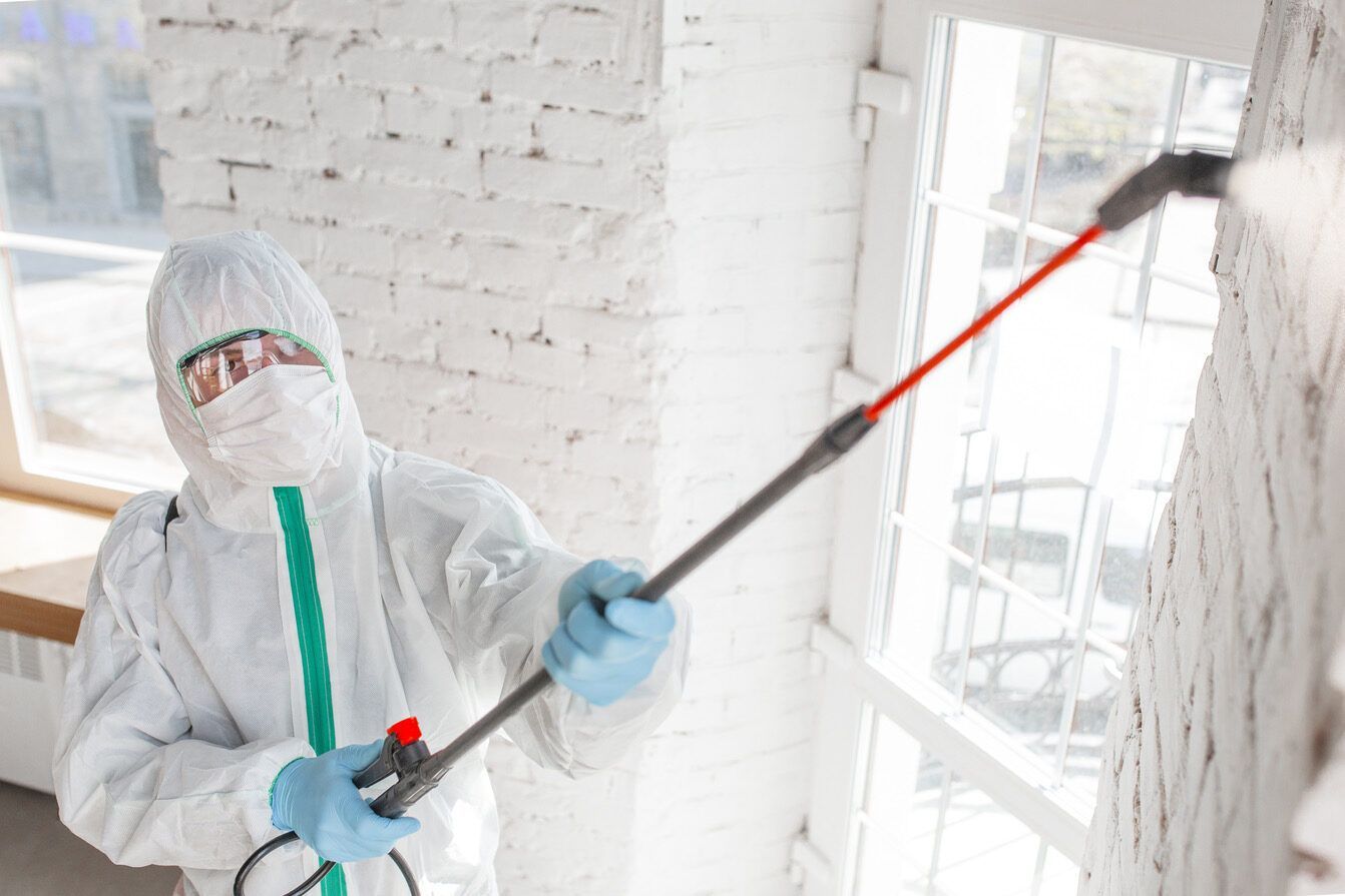 Una persona, completamente equipaggiata con dispositivi di protezione individuale e mascherina, utilizza un lungo spruzzatore per disinfettare una parete di mattoni bianchi all'interno di un edificio.