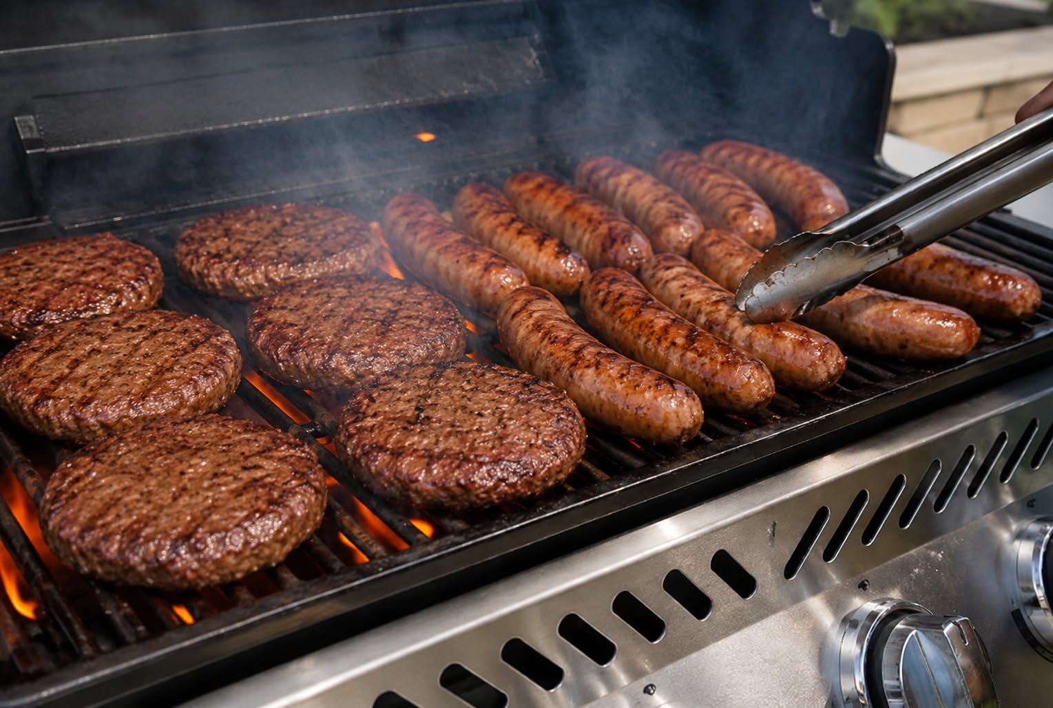 a grill cooking multiple beef patties and sausages with visible smoke rising.