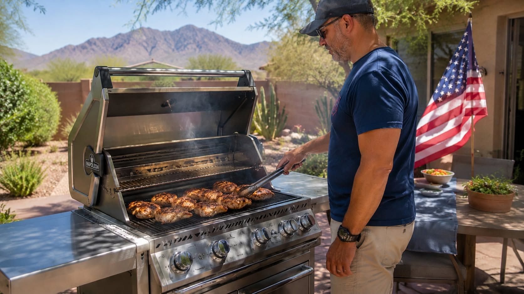 a man grilling multiple burgers on a large stainless steel outdoor barbecue grill in a backyard.