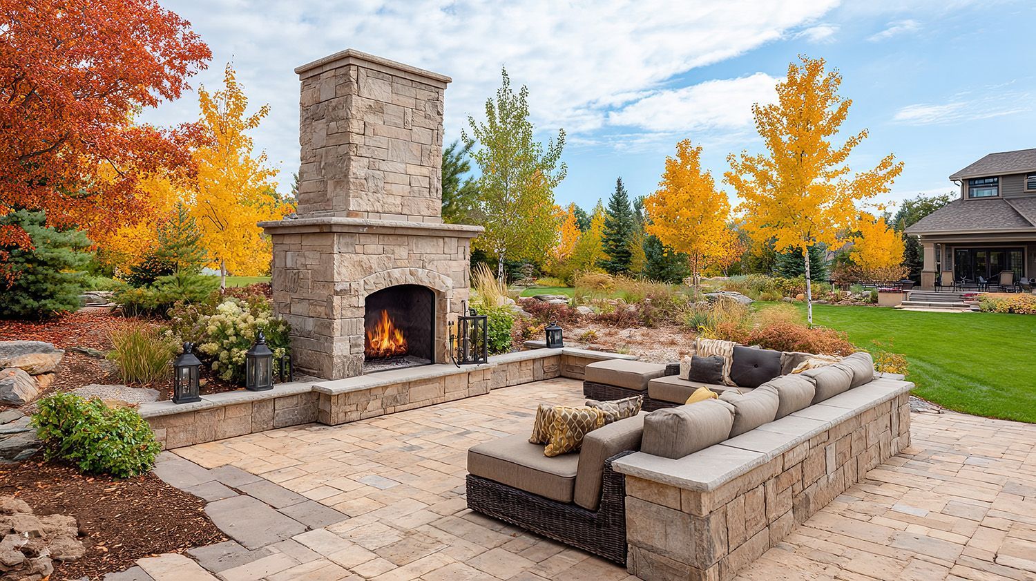 Cozy autumn patio with stone fireplace and comfortable sofa surrounded by colorful fall trees. Cozy autumn patio with stone fireplace and comfortable sofa surrounded by colorful fall trees.