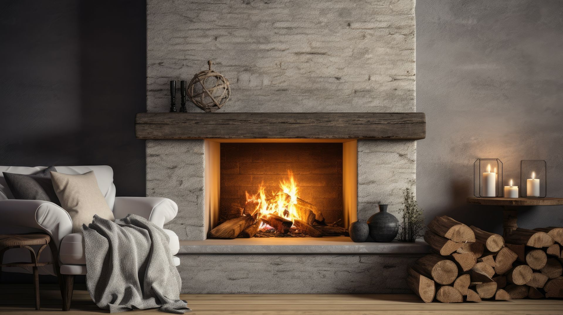 Fireplace with burning logs, light-colored stone surround, and herringbone brick firebox. Fireplace with burning logs, light-colored stone surround, and herringbone brick firebox.