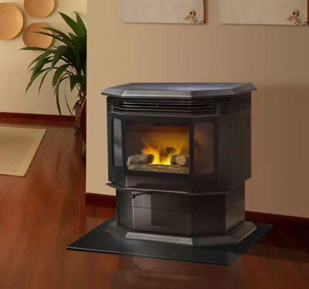 Quadra-Fire Classic Bay Black freestanding fireplace with a warm fire in a modern living room with wood floor and potted plant
