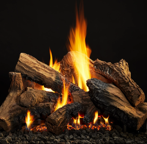 Duzy Series gas logs and bright orange flames against a black background