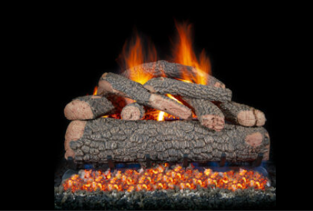 Glowing Golden Blount Vented Gas logs and orange flames on a black background