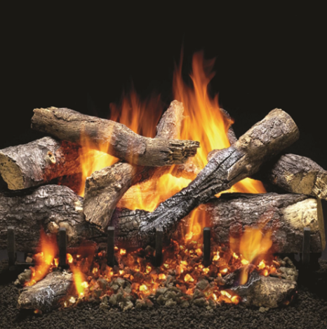 Grand Oak gas logs burning in a fireplace with bright orange flames and glowing embers