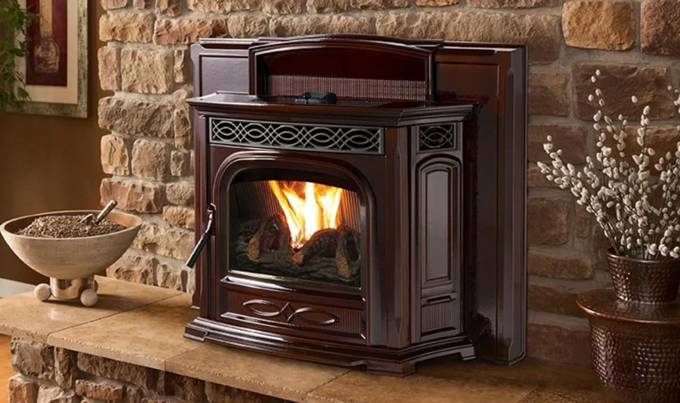 Harman Accentra 521-tc Lit wood-burning stove with ornate dark wood mantel in a rustic stone room