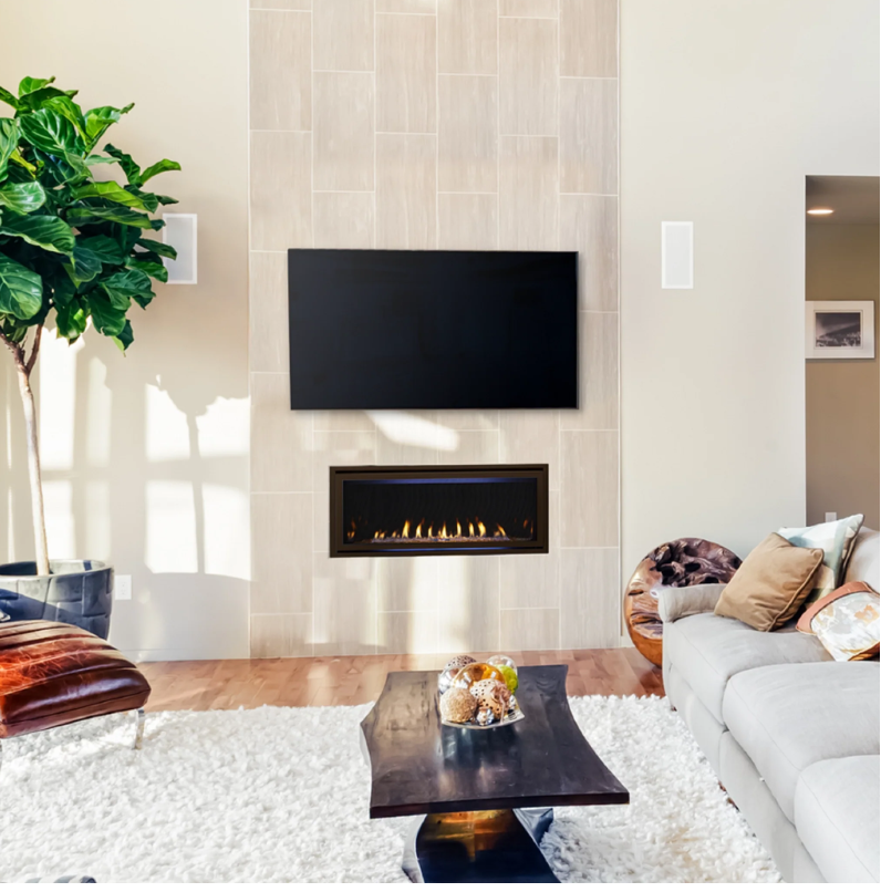 Heatilator Rave Series Bright living room with wall-mounted TV, fireplace, white rug, sofa, coffee table, and a tall plant