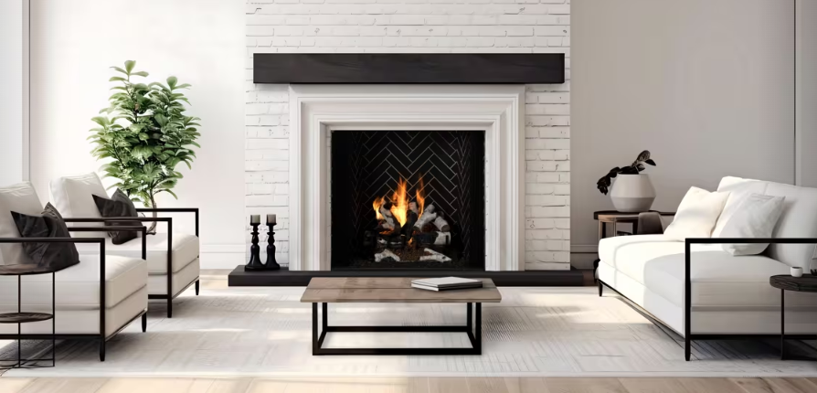 Heatilator Birmingham Modern living room with white sofas, black coffee table, and a lit fireplace centered on the wall