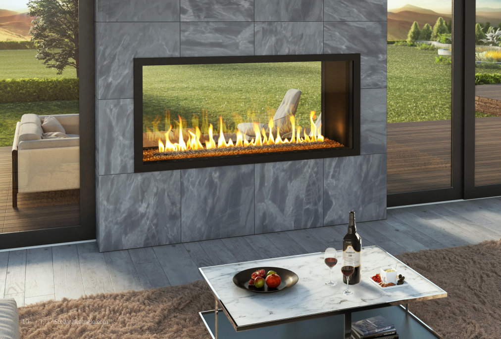 Monessen Hearth Artisan Modern living room with a built-in fireplace, glass walls, and a low coffee table with wine and fruit
