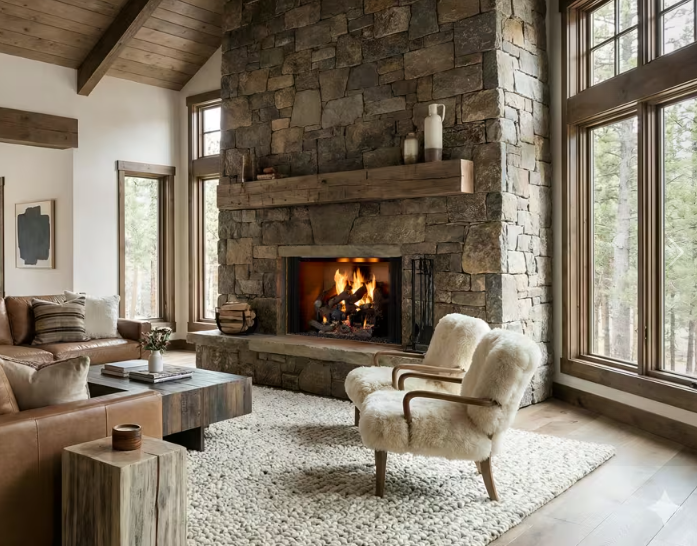 Cozy stone living room with a lit fireplace, beige armchair, sofa, and large windows overlooking trees