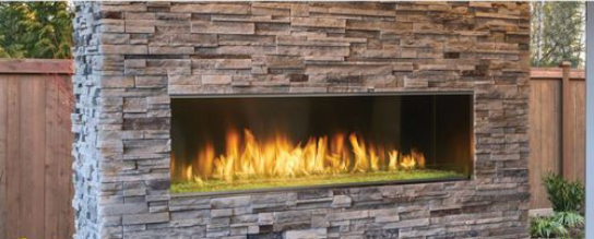 Image Placeholder Modern horizontal fireplace with bright orange flames behind glass