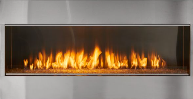 Image Placeholder Modern horizontal fireplace with bright orange flames behind glass