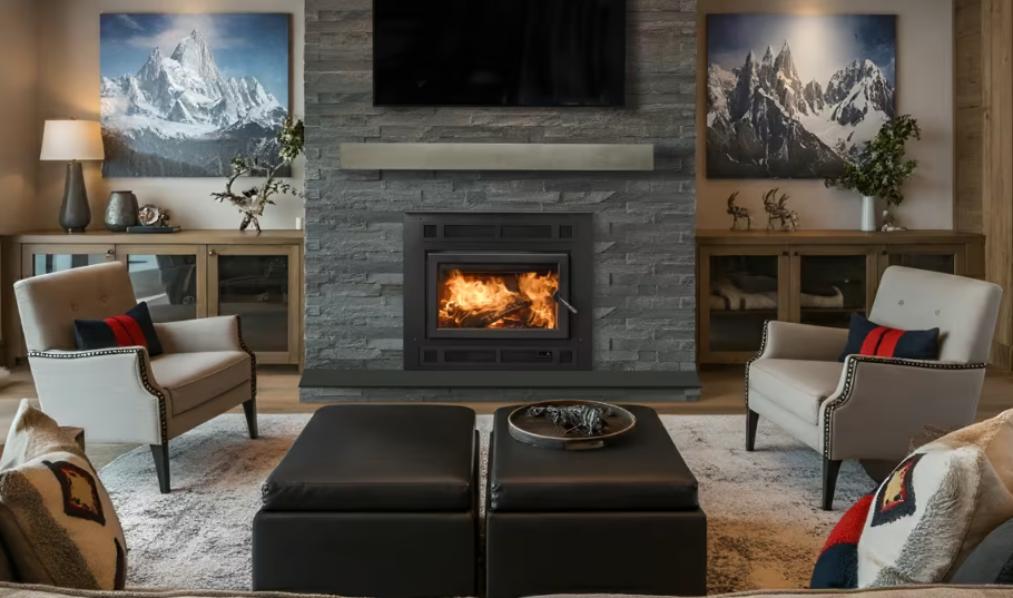 Pioneer Series Cozy living room with a lit fireplace, two armchairs, dark ottomans, and a wall-mounted TV above the mantel