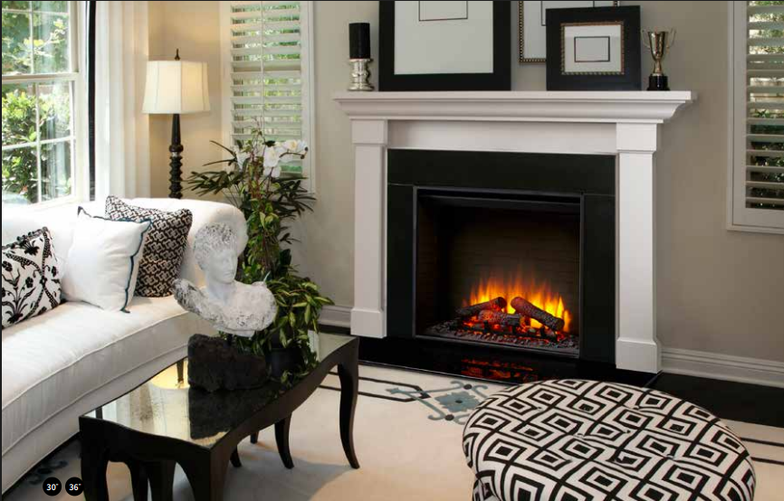 Simplifire Inception Elegant living room with white sofa, black fireplace, and patterned ottoman near a glowing fire.