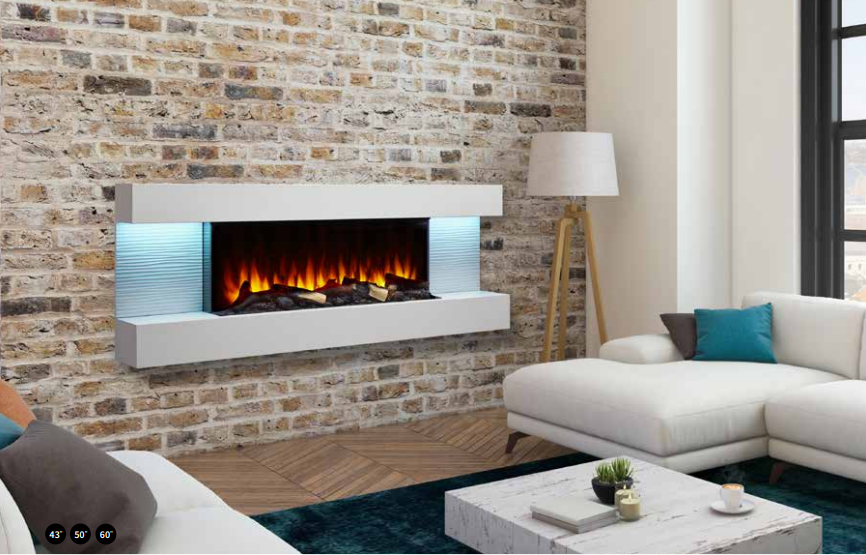 Simplifire Scion Modern living room with wall-mounted electric fireplace, white sofa, and floor lamp against a brick wall