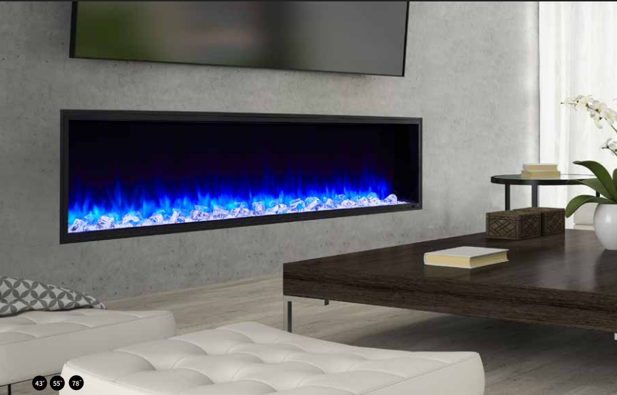 Simplifire Scion Trinity Modern living room with wall fireplace, TV, and coffee table with decor